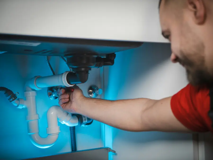Plumber working on pipes inside a sink cabinet